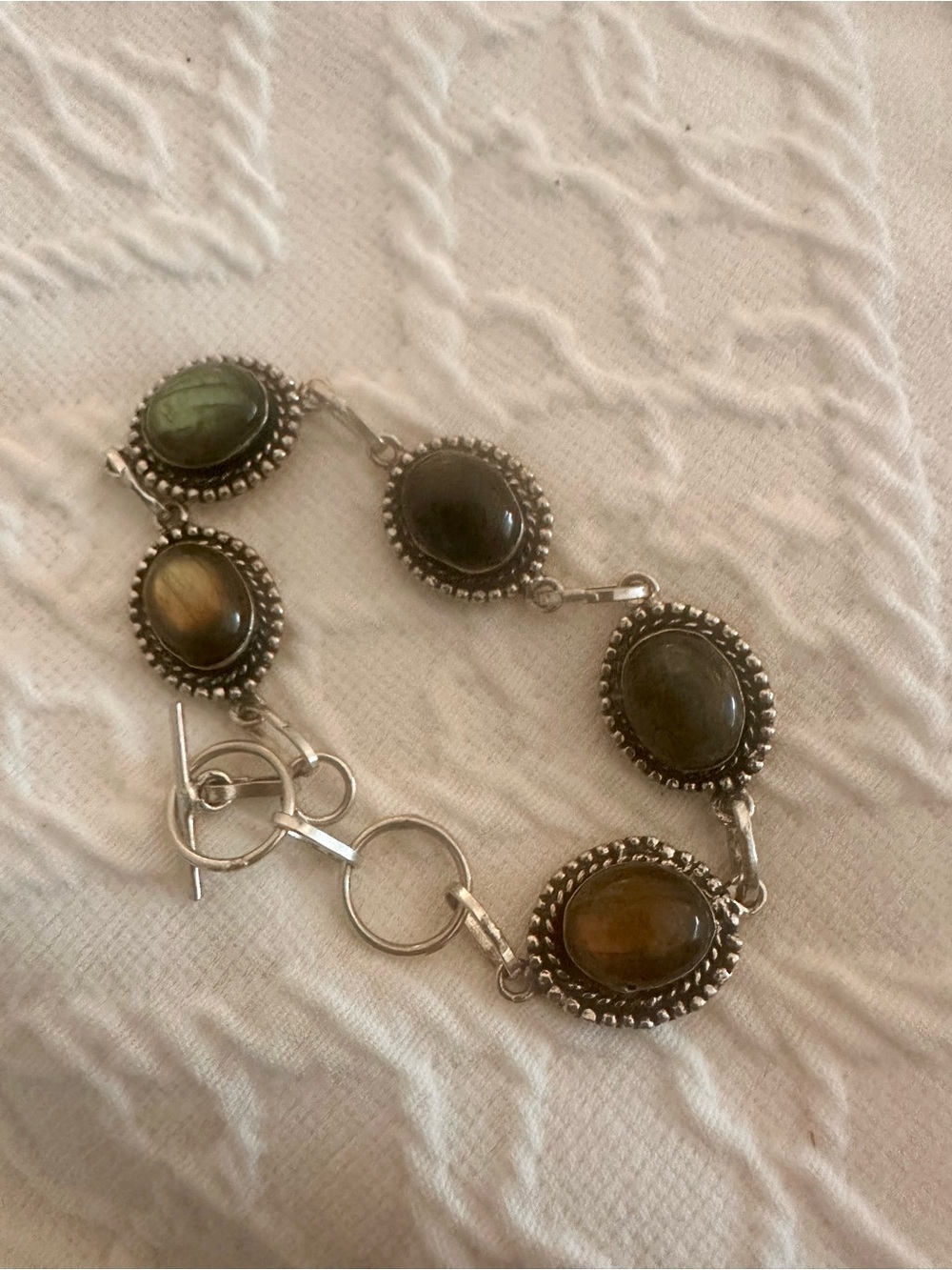 925 Sterling Silver Labradorite Cabochon Link Bracelet Green Flash